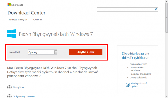 Dyma’r dudalen a’r botwm lawrlwytho’r pecyn iaith Gymraeg.